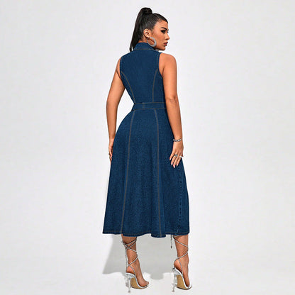 Robe Midi en Jean Sans Manches à Boutons et Décolleté en V pour Femme