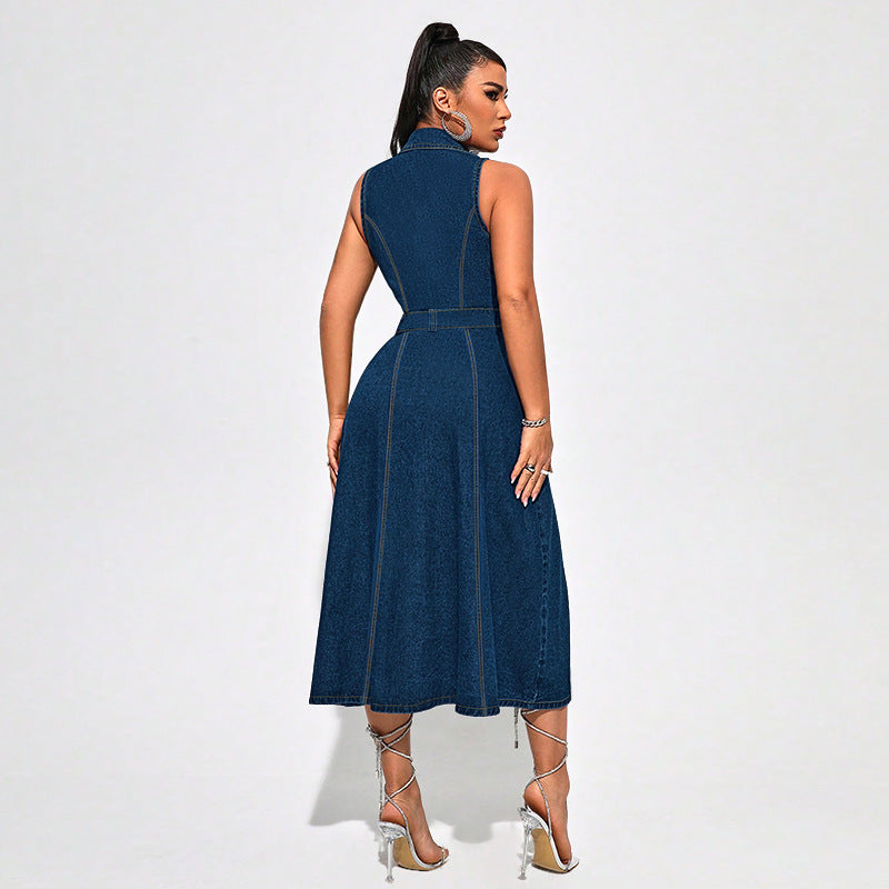 Robe Midi en Jean Sans Manches à Boutons et Décolleté en V pour Femme