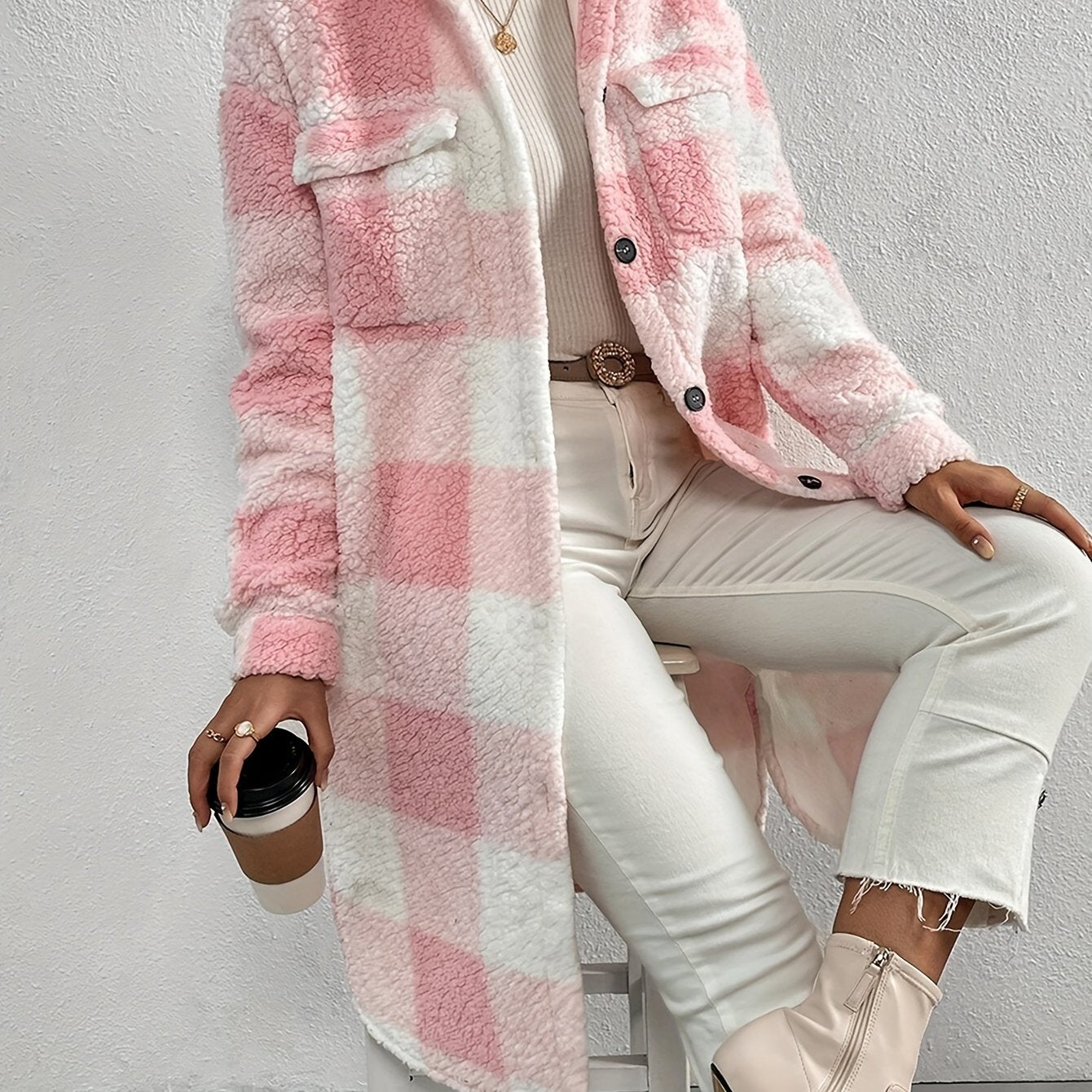 Manteau à Carreaux pour Femmes à Manches Longues et Coupe Ample