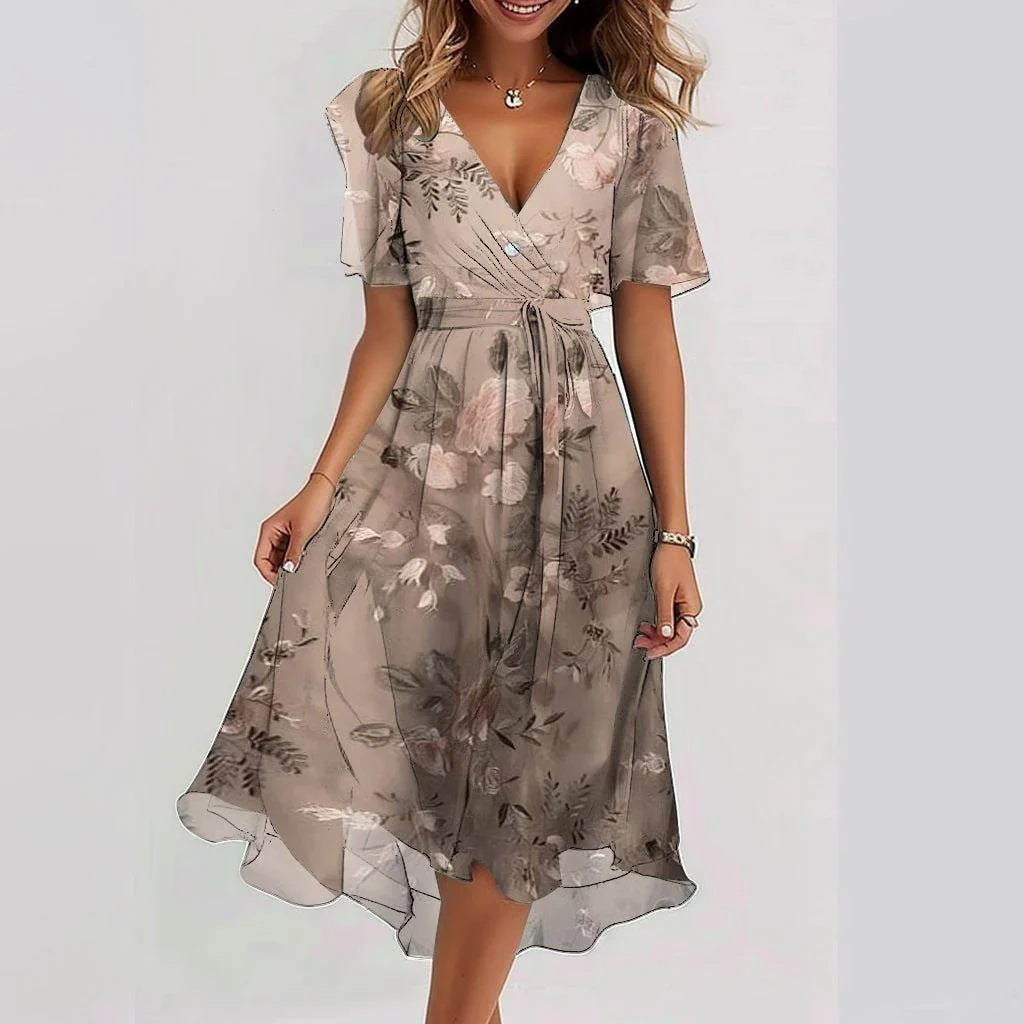 Robe Portefeuille Mi-Longue à Col V pour Femme – Manches Volantes Courtes – Taille Cintrée – Coupe Évasée