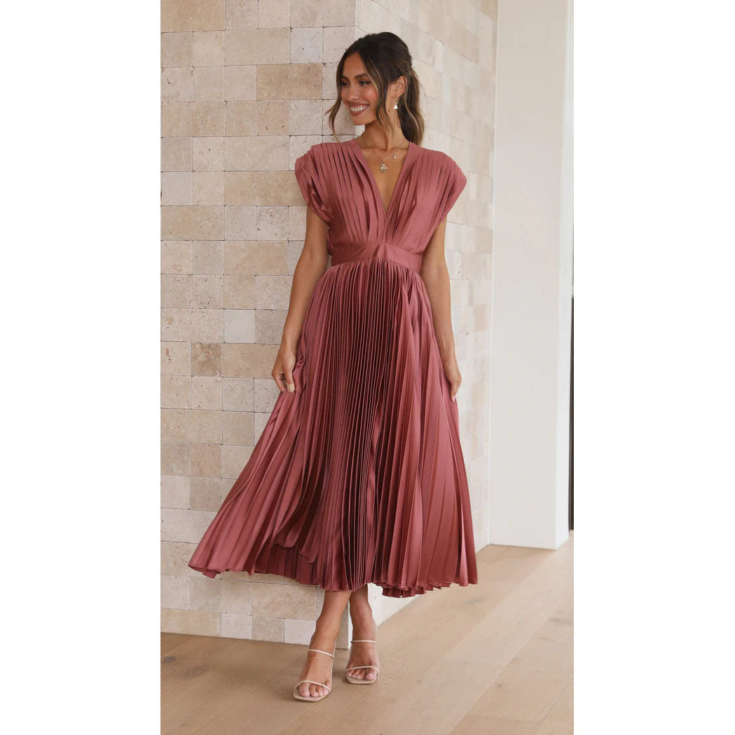 Robe Longue Plissée Sans Manches à Décolleté en V