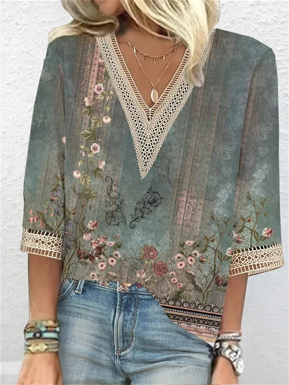 Blouse Femme Imprimée – Encolure en V et Coupe Ample Décontractée