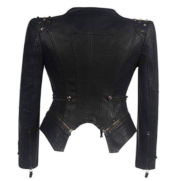 Veste Moto Noire Pour Femme - Épaules Cloutées - Fermetures Zippées - Coupe Asymétrique