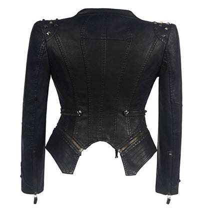 Veste Moto Noire Pour Femme - Épaules Cloutées - Fermetures Zippées - Coupe Asymétrique