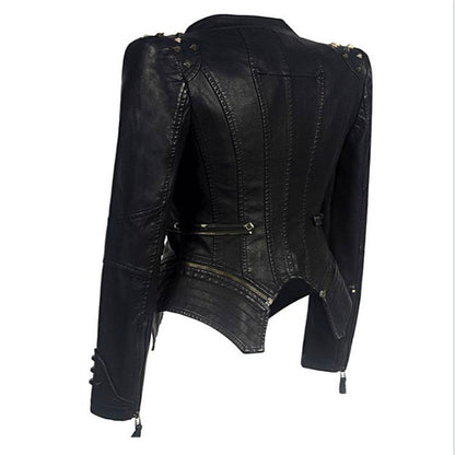 Veste Moto Noire Pour Femme - Épaules Cloutées - Fermetures Zippées - Coupe Asymétrique