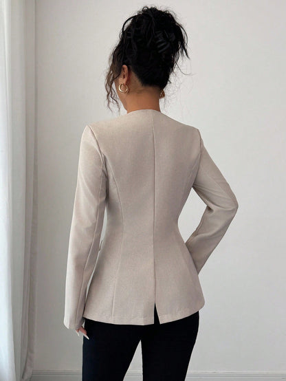 Women’s Minimalist Beige Blazer – Elegant Long Sleeve Button Jacket