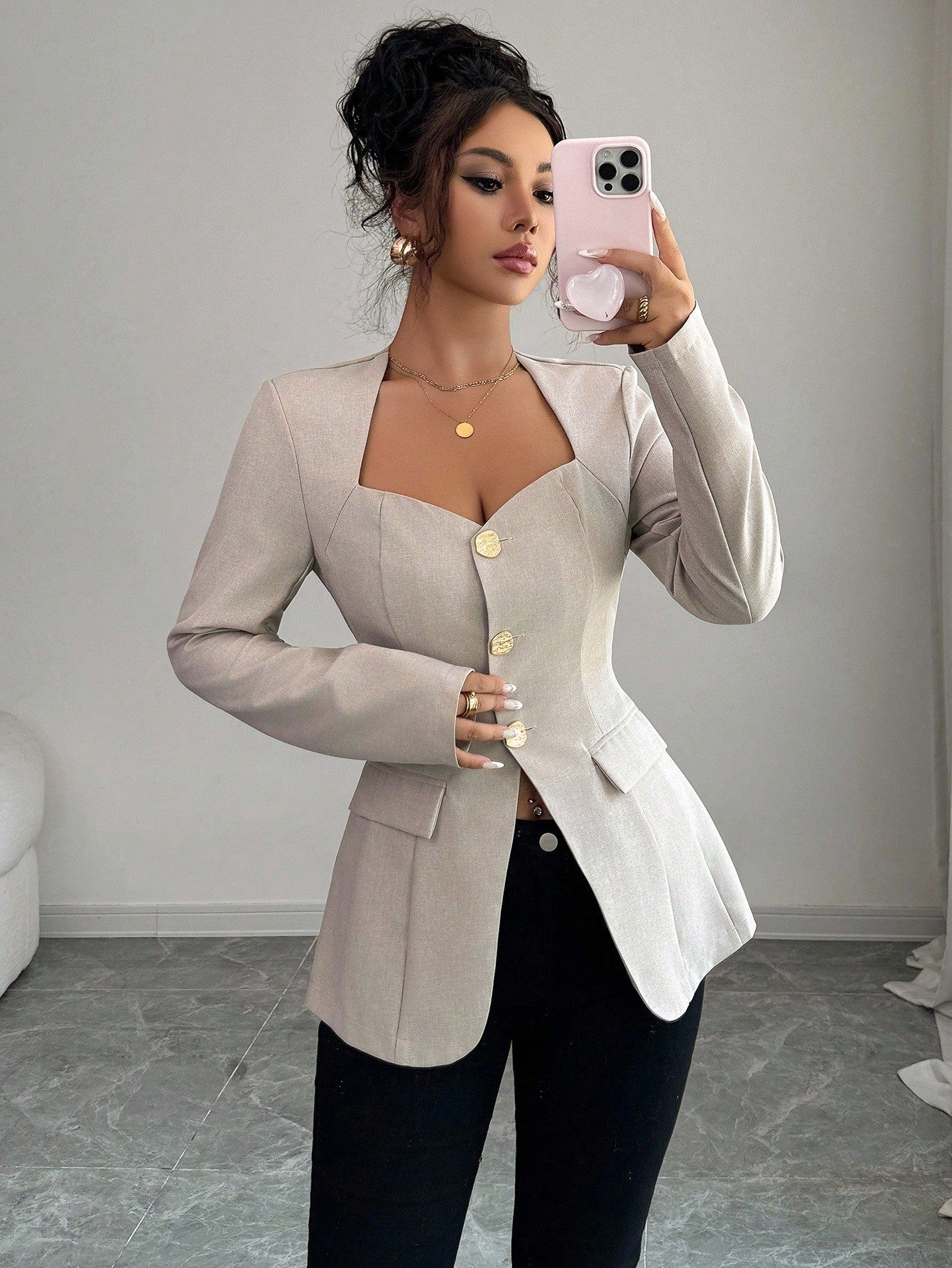 Women’s Minimalist Beige Blazer – Elegant Long Sleeve Button Jacket