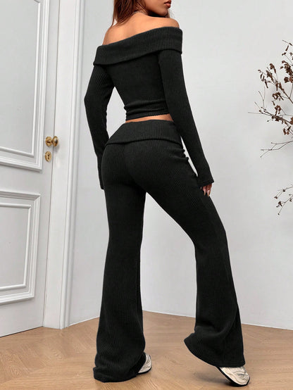 Women’s Off-Shoulder Ribbed Knit 2-Piece Set Crop Top & Flared Pants