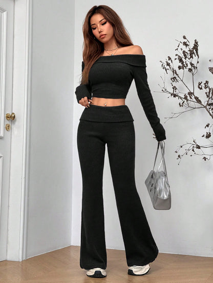 Women’s Off-Shoulder Ribbed Knit 2-Piece Set Crop Top & Flared Pants
