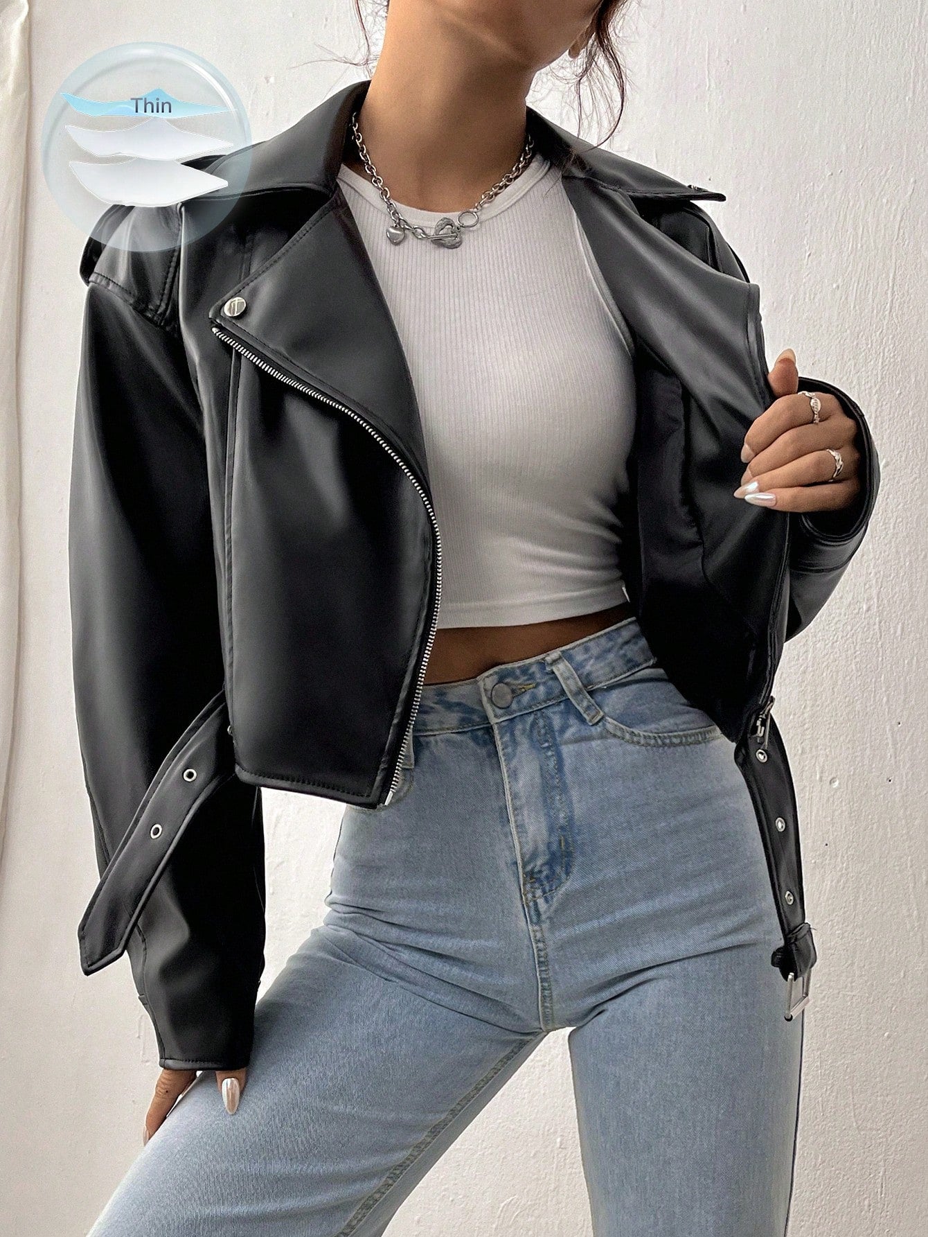 Women’s Street Moto Faux Leather Jacket – Cropped Zip Biker Coat
