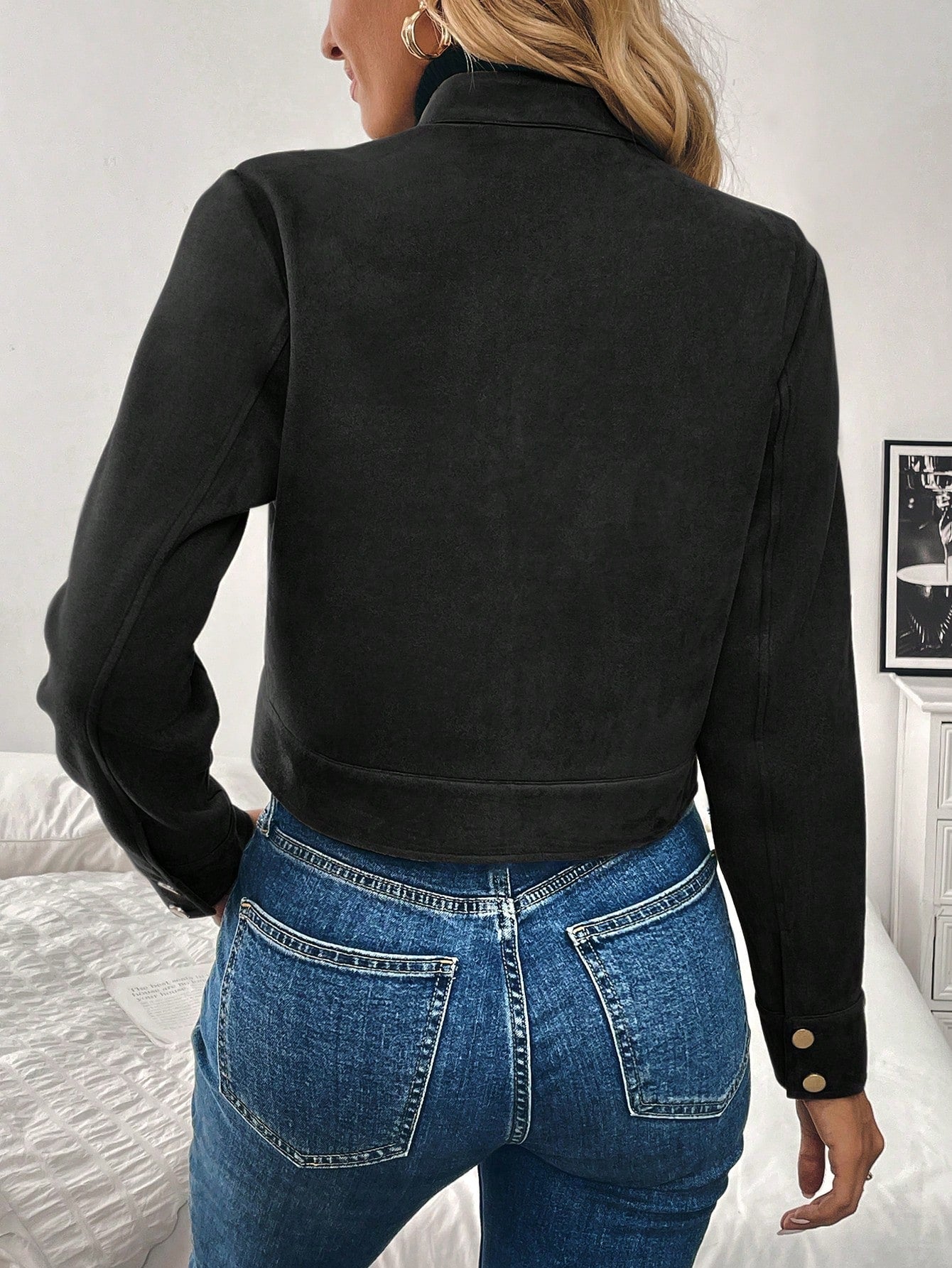 Women’s Black Military-Style Jacket – Short Zip Front Coat