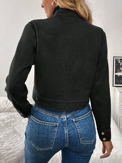 Women’s Black Military-Style Jacket – Short Zip Front Coat