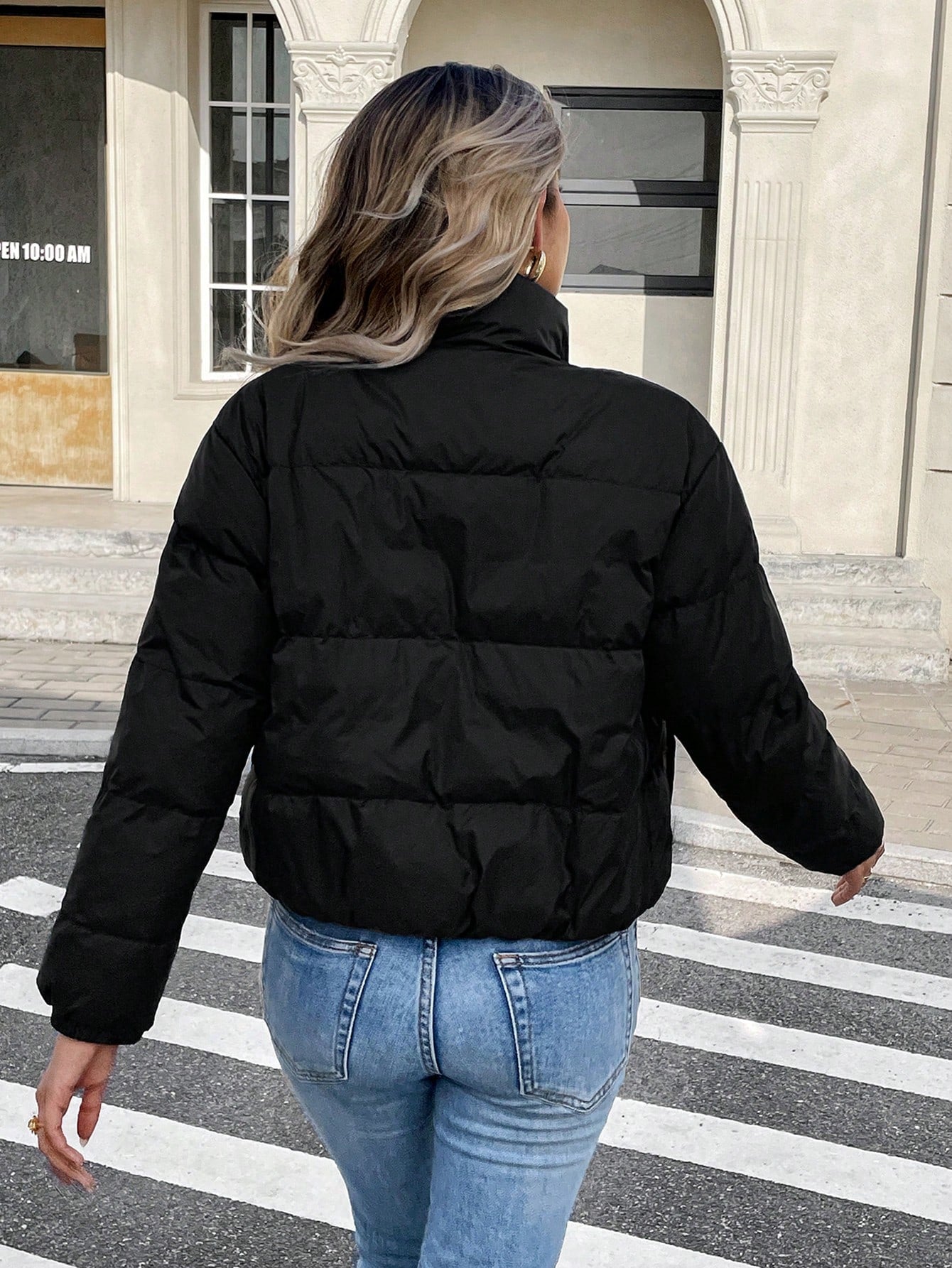 Women’s Thermal Lined Winter Jacket – Zip Front Stand Collar Puffer Coat