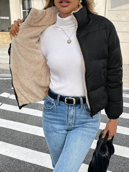 Women’s Thermal Lined Winter Jacket – Zip Front Stand Collar Puffer Coat