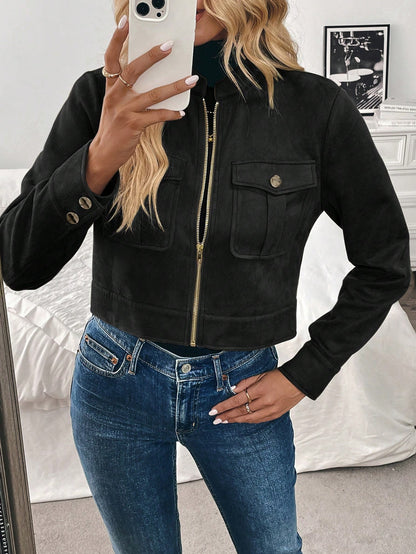 Women’s Black Military-Style Jacket – Short Zip Front Coat