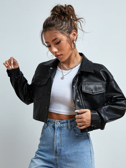 Women’s Cropped Faux Leather Jacket – Street Style PU Coat with Front Pockets