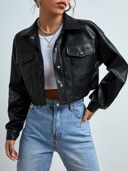 Women’s Cropped Faux Leather Jacket – Street Style PU Coat with Front Pockets