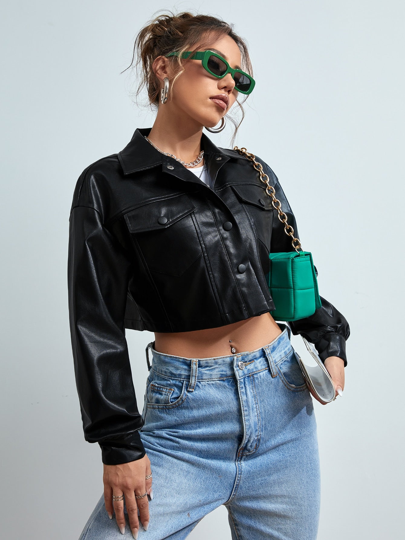 Women’s Cropped Faux Leather Jacket – Street Style PU Coat with Front Pockets