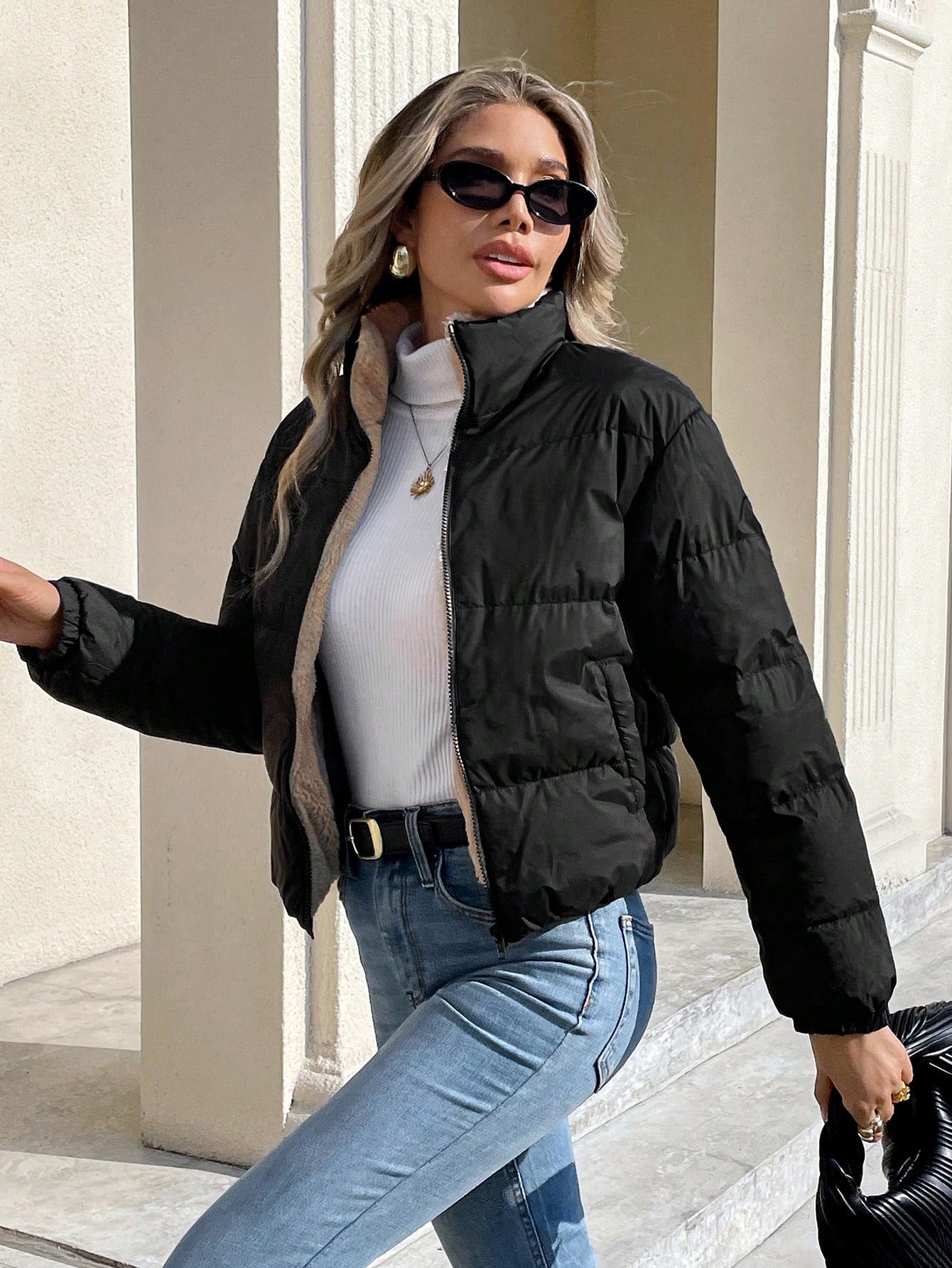 Women’s Thermal Lined Winter Jacket – Zip Front Stand Collar Puffer Coat