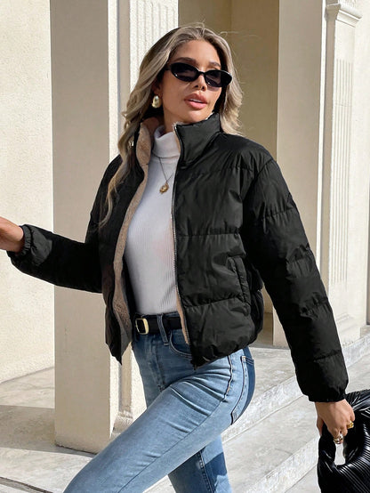 Women’s Thermal Lined Winter Jacket – Zip Front Stand Collar Puffer Coat