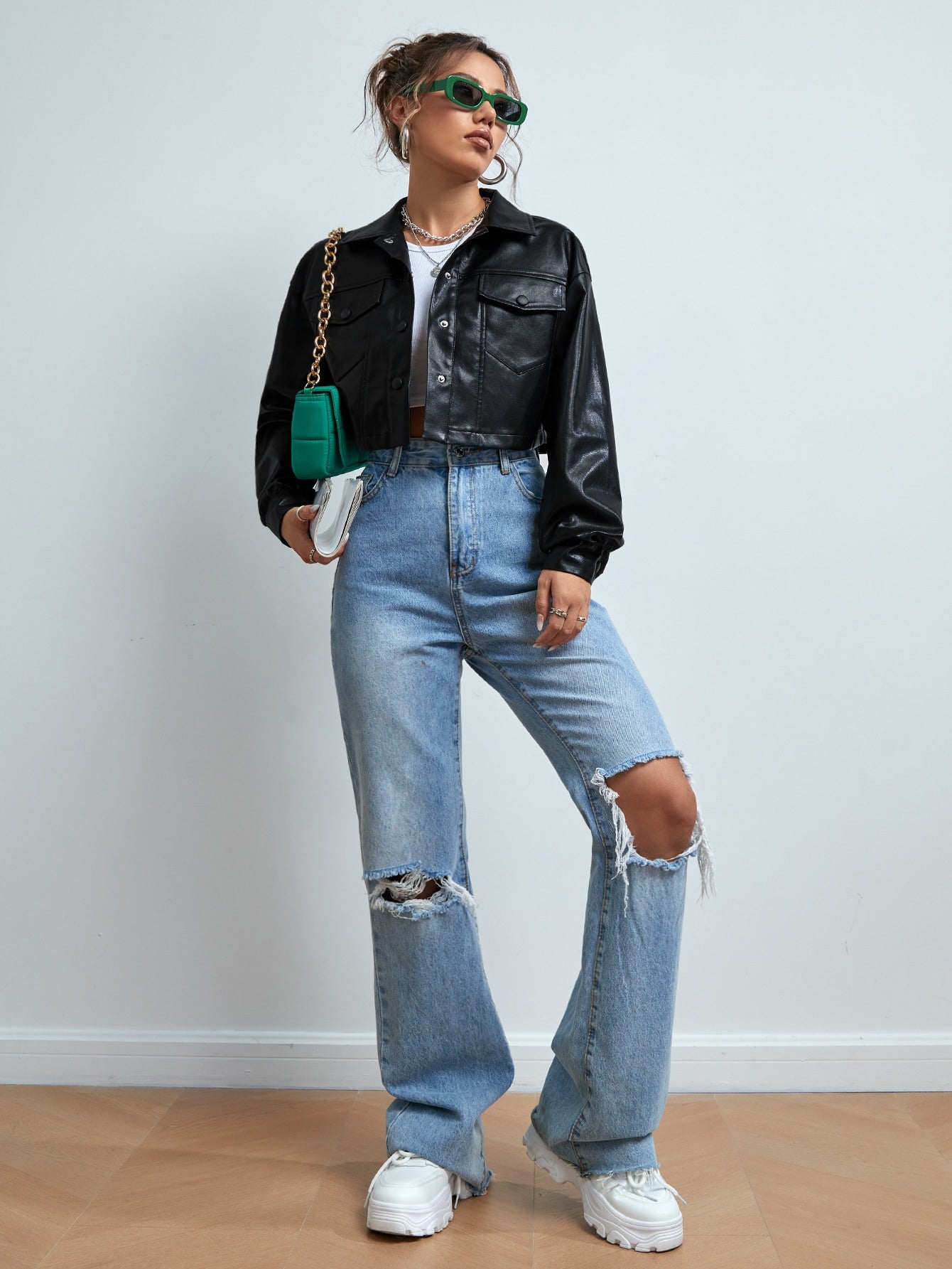 Women’s Cropped Faux Leather Jacket – Street Style PU Coat with Front Pockets