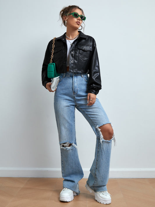 Women’s Cropped Faux Leather Jacket – Street Style PU Coat with Front Pockets