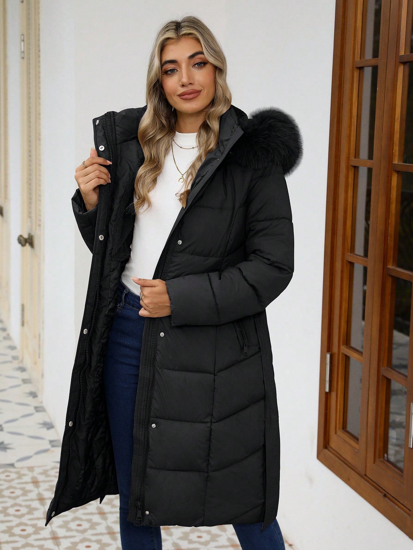 Women’s Luxury Faux Fur Hooded Winter Coat – Thick Warm Quilted Jacket