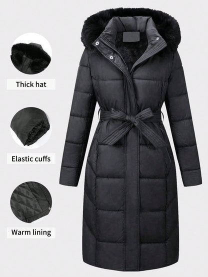 Women’s Luxury Faux Fur Hooded Winter Coat – Thick Warm Quilted Jacket