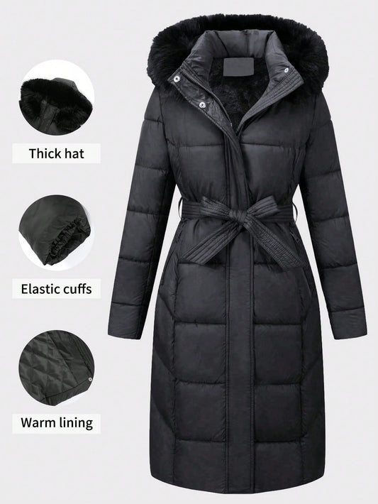 Women’s Luxury Faux Fur Hooded Winter Coat – Thick Warm Quilted Jacket
