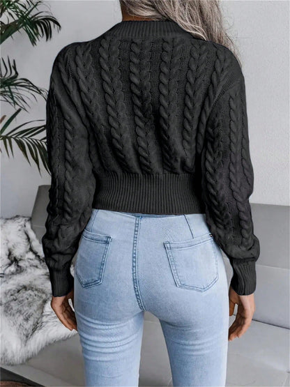 Women’s Cable-Knit Cropped Sweater – Round Neck Long Sleeve Ribbed Pullover