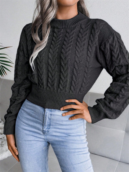 Women’s Cable-Knit Cropped Sweater – Round Neck Long Sleeve Ribbed Pullover