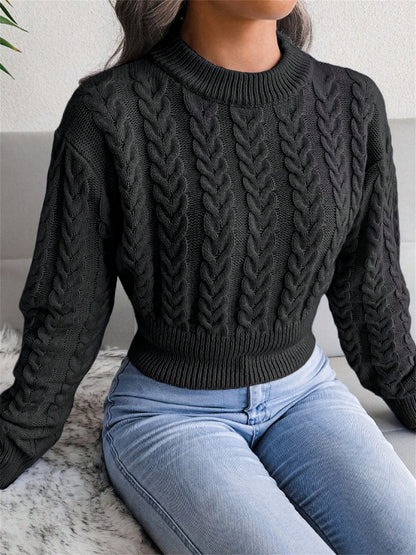 Women’s Cable-Knit Cropped Sweater – Round Neck Long Sleeve Ribbed Pullover