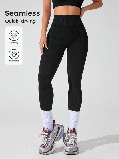 Women’s Seamless High-Waist Ribbed Yoga Leggings – Tummy Control Quick-Dry Fitness Pants