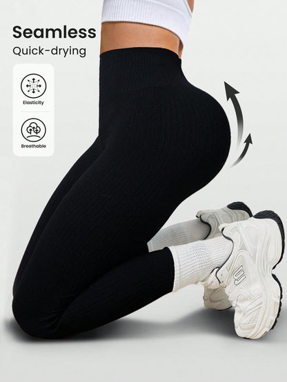 Women’s Seamless High-Waist Ribbed Yoga Leggings – Tummy Control Quick-Dry Fitness Pants
