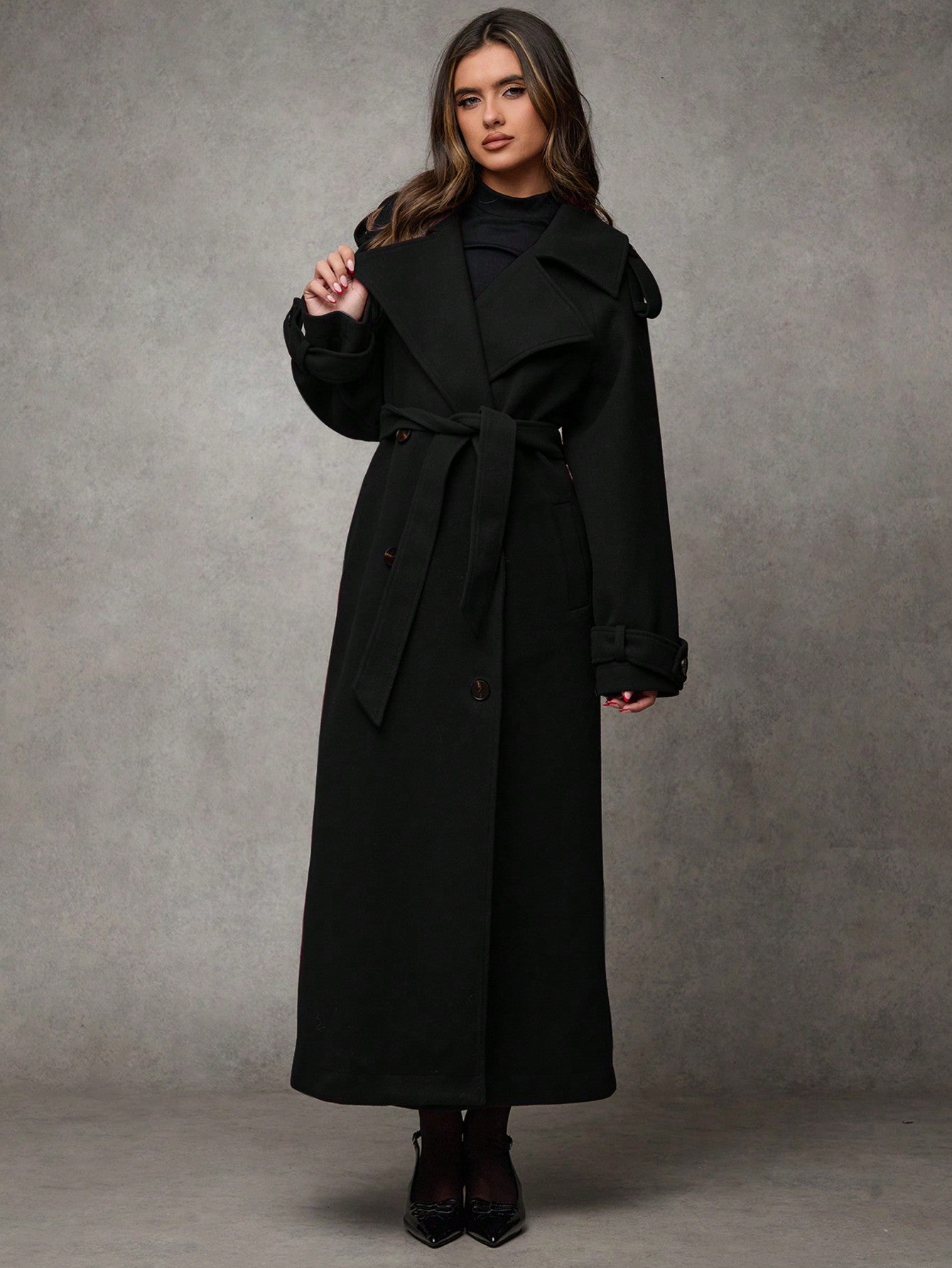 Women’s Long Wool Blend Coat – Elegant Double-Breasted Trench with Belted Waist