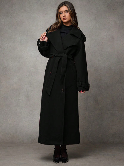 Women’s Long Wool Blend Coat – Elegant Double-Breasted Trench with Belted Waist