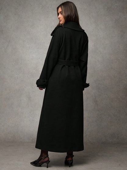 Women’s Long Wool Blend Coat – Elegant Double-Breasted Trench with Belted Waist