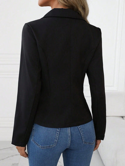 Women’s brown long sleeve blazer with single button and notched lapel, casual elegant office jacket by Nushes.