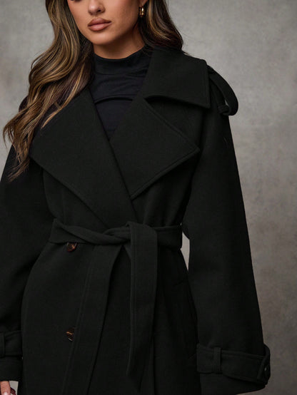 Women’s Long Wool Blend Coat – Elegant Double-Breasted Trench with Belted Waist