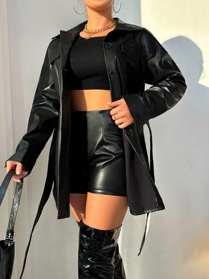 Women's Elegant Faux Leather Belted Blazer Dress