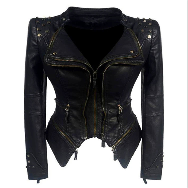Veste Moto Noire Pour Femme - Épaules Cloutées - Fermetures Zippées - Coupe Asymétrique