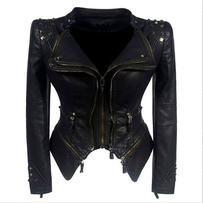 Veste Moto Noire Pour Femme - Épaules Cloutées - Fermetures Zippées - Coupe Asymétrique