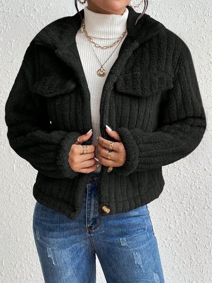 Women’s Plush Short Jacket Soft Casual Winter Coat with Long Sleeves