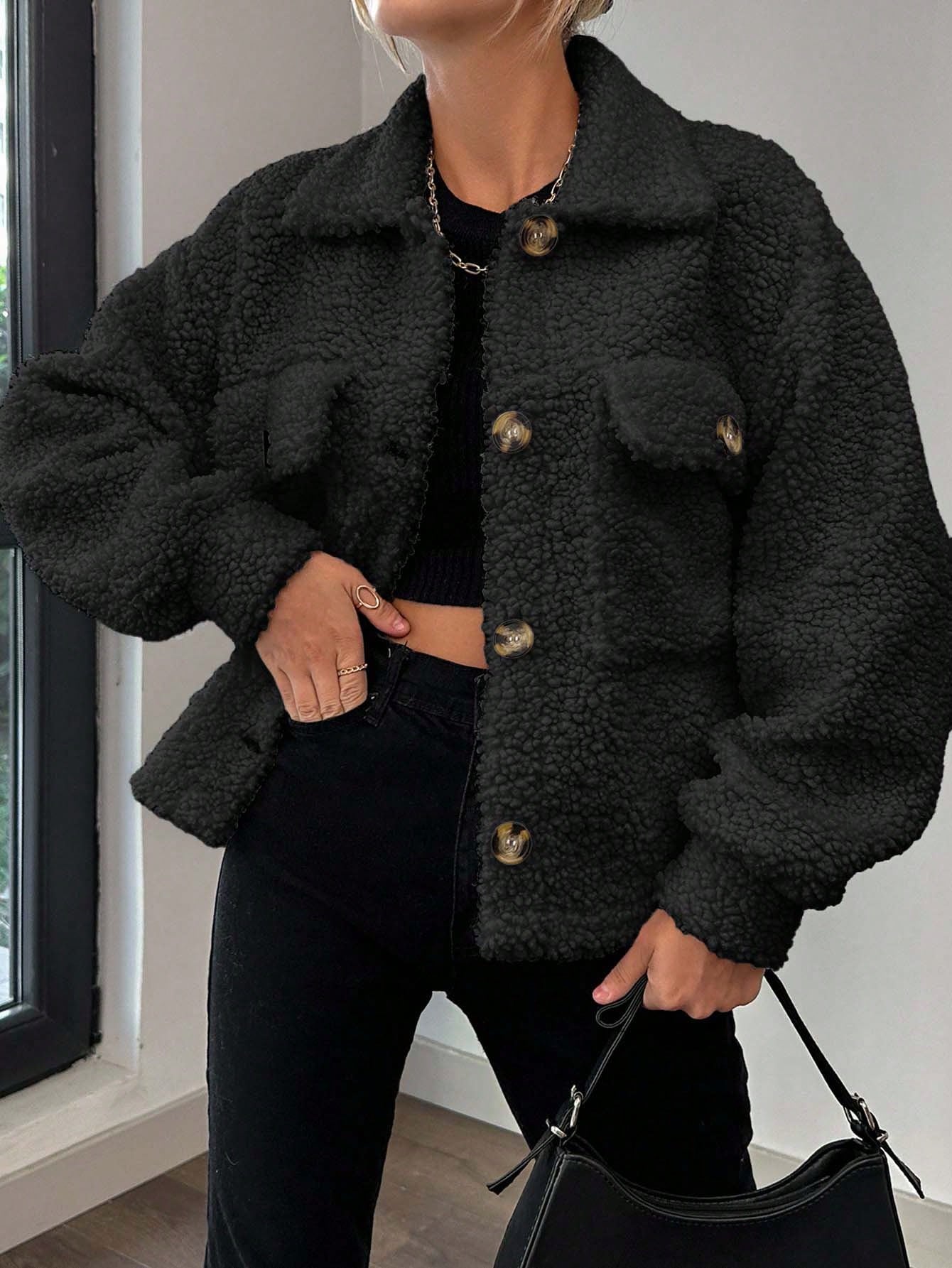 Women’s Oversized Fleece Jacket – Soft Sherpa Button-Up Coat with Pockets