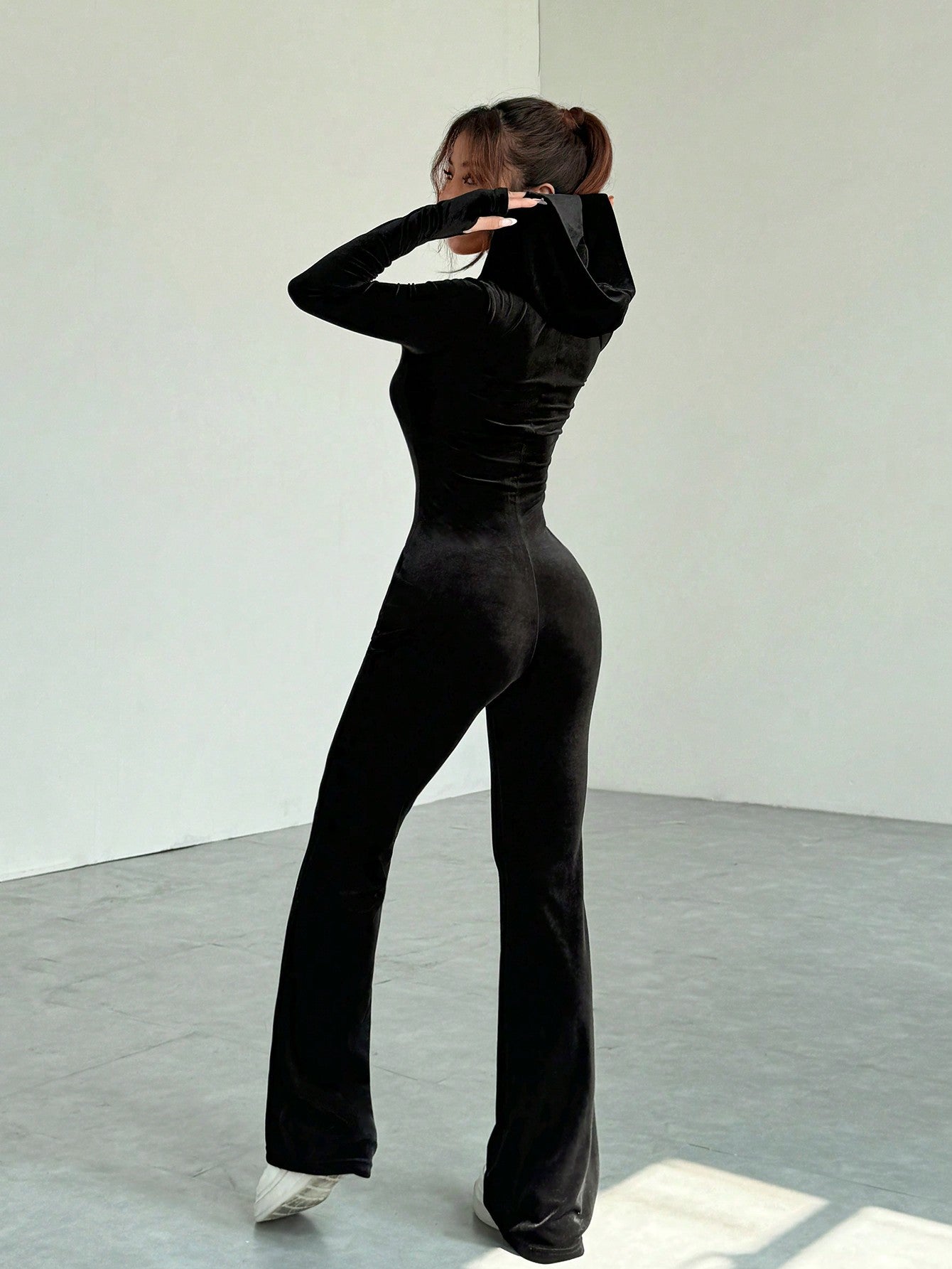 Women’s Velvet Slim Fit Jumpsuit – Deep V-Neck Long Sleeve Stretch One-Piece