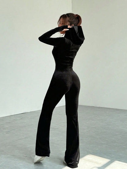 Women’s Velvet Slim Fit Jumpsuit – Deep V-Neck Long Sleeve Stretch One-Piece