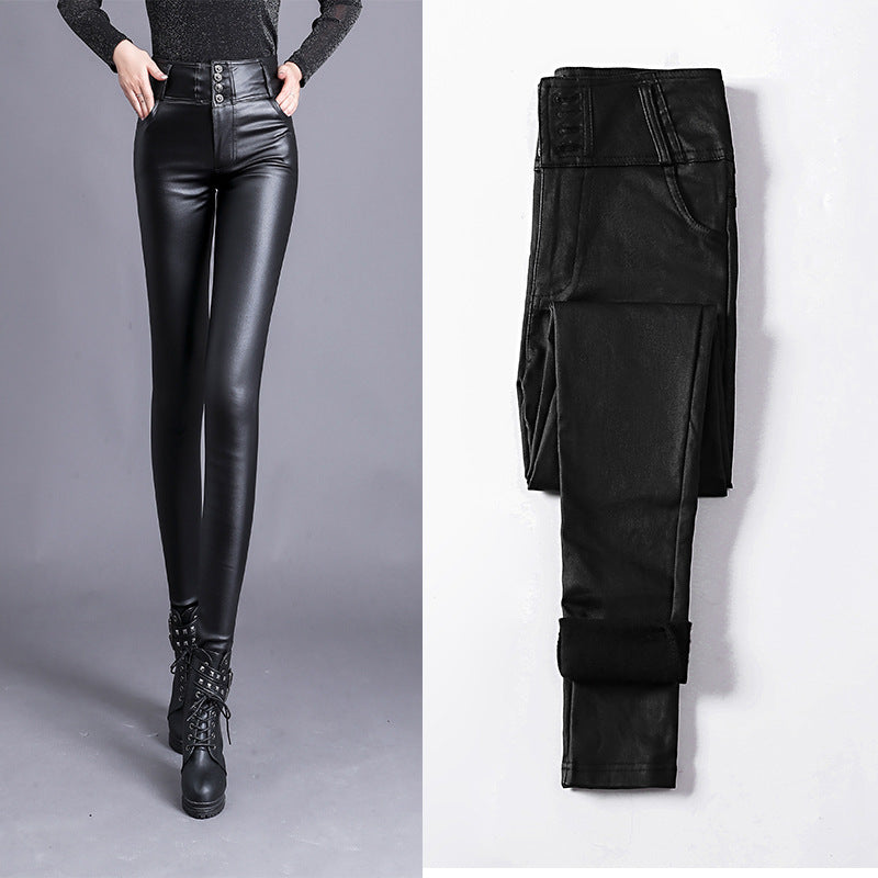 Pantalon Femme en Similicuir Taille Haute Coupe Skinny avec Boutons