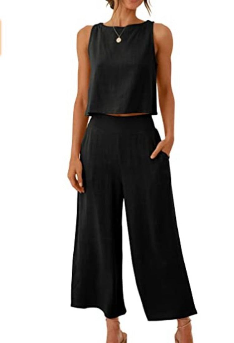 Ensemble Femme – Gilet Sans Manches et Pantalon Large Taille Haute