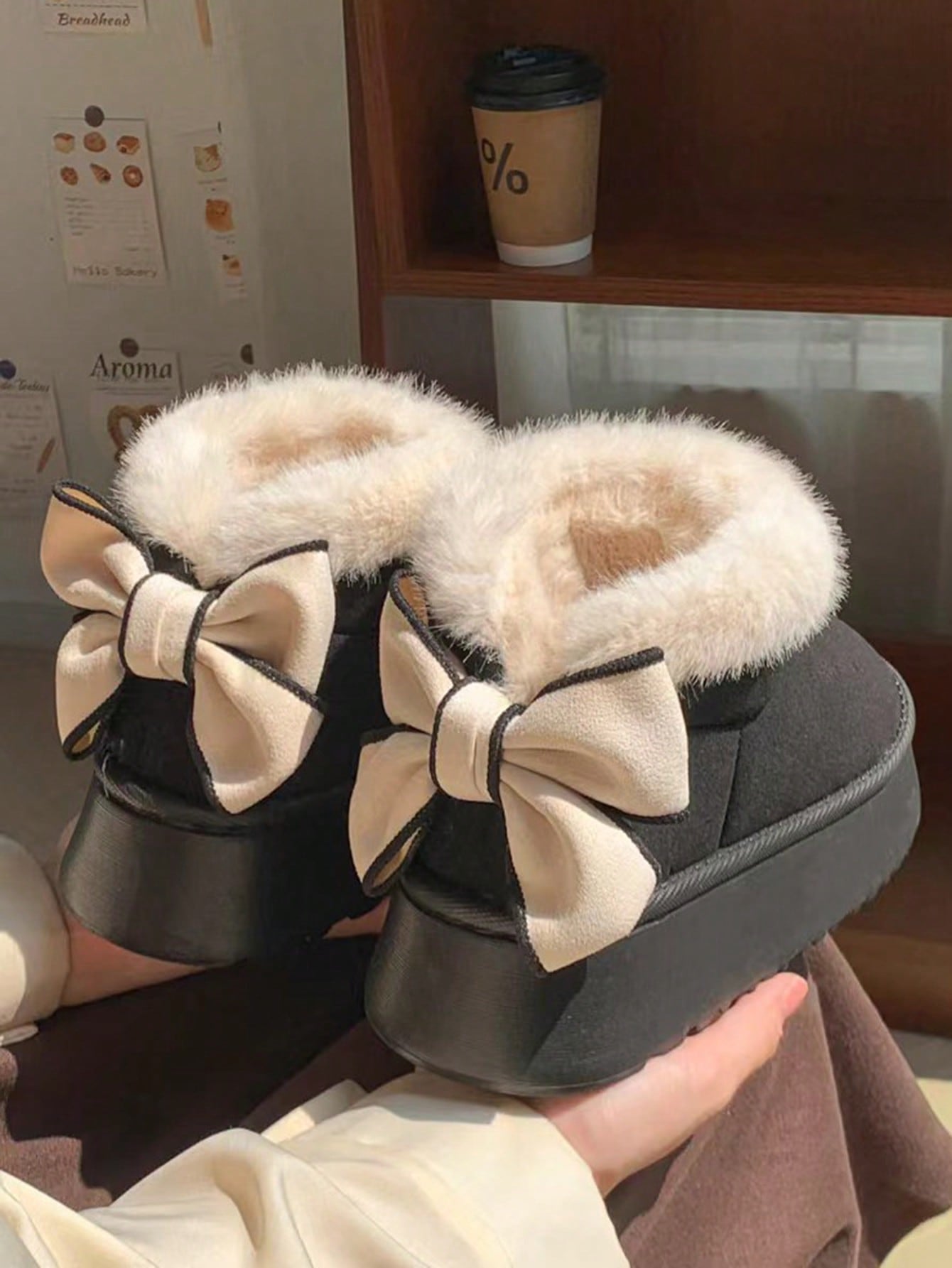 Women’s Warm Fur-Lined Thick Sole Slippers with Bow Decor – Cozy Winter Indoor Shoes