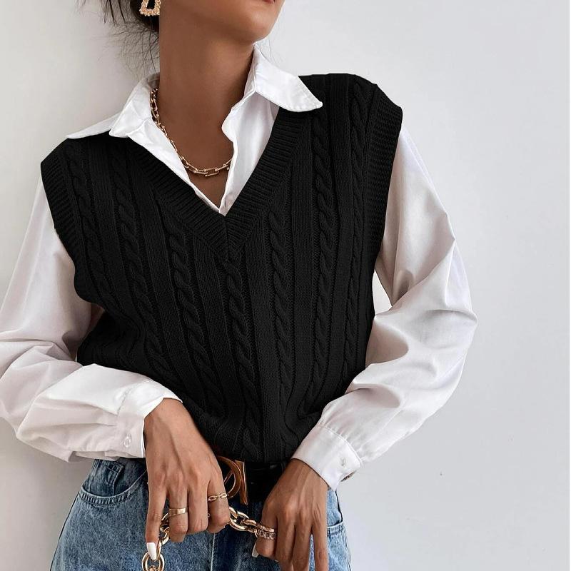 Pull Sans Manches en Maille Torsadée à Col V pour Femme